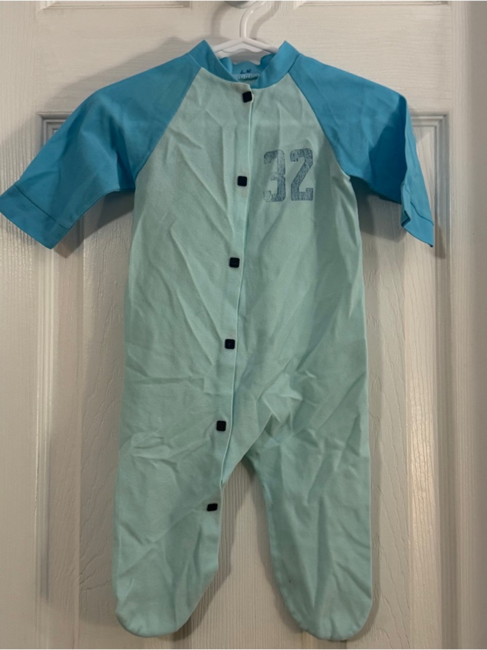 Vintage Baby Unisex Footie One Piece in Light Aqua and Sky Blue Long Sleeve
